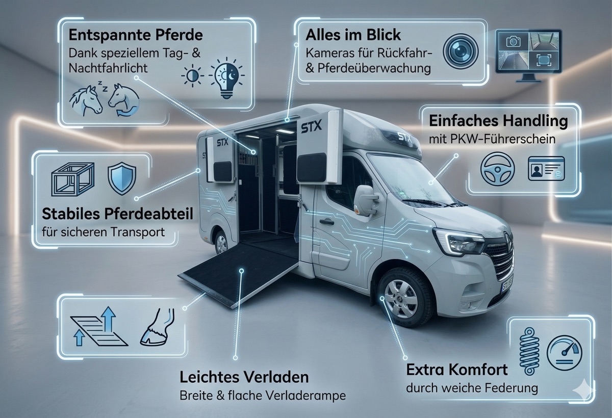 STX Pferdetransporter mit Features — Entspannte Pferde, Alles im Blick, Einfaches Handling, Stabiles Pferdeabteil, Leichtes Verladen, Extra Komfort